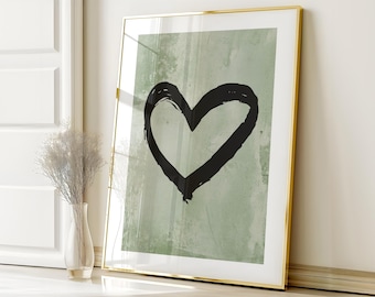 Green Heart Print Sage Green Heart Print, Green Graffitti Heart Poster A5, A4, A3 Size UNFRAMED