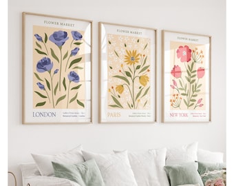 Flower Market Poster, SET OF 3 Floral Prints, Botanical Wall Art, Living Room Pictures, Bedroom Floral Posters