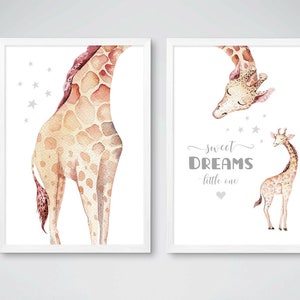 May include: Two watercolor prints featuring giraffes. The first print shows a giraffe standing with its back to the viewer. The second print shows a giraffe bending down with the text "sweet DREAMS little one" in gray.