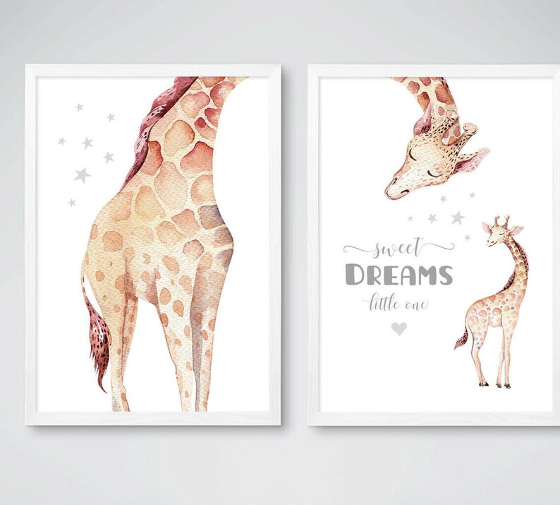 May include: Two watercolor prints featuring giraffes. The first print shows a giraffe standing with its back to the viewer. The second print shows a giraffe bending down with the text "sweet DREAMS little one" in gray.