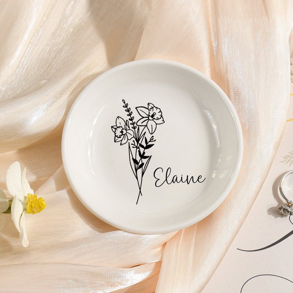 Personalized Birth Flower Ring Dish, Bridesmaid Gift for Her, Best Friend Birthday Gift, Wedding Ring Dish, Custom Jewelry Dish,Trinket Dish