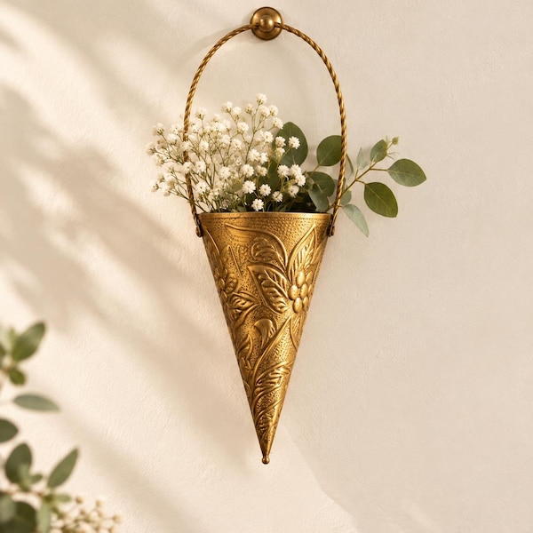 Vintage Brass Wall Pocket Embossed Floral Hanging Planter Vase Cottage Decor