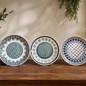 Set of 3 Handmade Polish Pottery Plates Blue Green Folk Art Dinner Plates