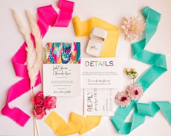 Conjunto de convites de casamento coloridos brilhantes para impressão | Modelo editável | DOWNLOAD INSTANTÂNEO | Modelo de convite de casamento colorido Boho,