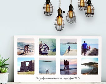 May include: A white photo collage with six square images of a family's summer vacation on Tresco Island. The images show a woman and child on a beach, a boat in the water, a couple walking on a pier, a man and child walking on a path, a stone building, and a beach scene with a boat in the distance. The text "Magical summer memories on Tresco Island 2015" is printed below the images.