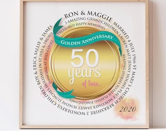 Personalised Golden Anniversary Circle Word Art | Anniversary Gift | Typography | Golden Wedding Anniversary | 50th Wedding Anniversary