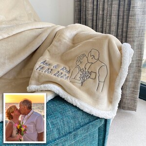 Pode incluir: Uma manta de l&atilde; de carneiro bege com uma borda de sherpa branca. A manta tem um design bordado personalizado de um casal se beijando com o texto "Ann & Rob 14.03.2024".