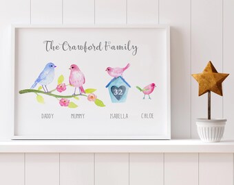May include: A framed watercolour print depicting a family of birds on a branch with flowers. The text "The Crawford Family" is above the birds, with names Daddy, Mummy, Isabella, and Chloe below. A decorative star sits on a shelf.