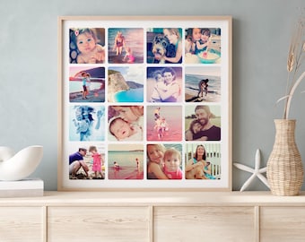 May include: A collage of 16 photos in a square frame, featuring a family and their dog. The photos are arranged in a grid pattern and show various moments from their lives, including beach trips, family gatherings, and everyday activities.