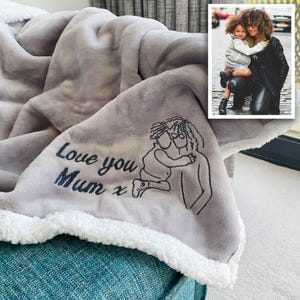 Personalised Embroidered Photo Grey Sherpa Blanket | Warm Cosy Blanket | Personalised Throw | Personalised Blanket