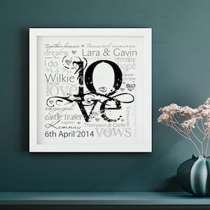 Personalisierte Hochzeit oder Verlobung LOVE Art | Wortwolke | Typografie | Hochzeitsgeschenk | Jubiläum Wort Wolke