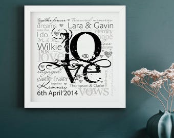 May include: A black and white wedding print with the word "LOVE" in large letters. The print features a list of words related to love, marriage, and the couple's names, including "Lara & Gavin", "Wilkie", "Kemenay Thompson & Clarke", and "6th April 2014".