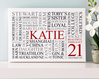 May include: A white canvas print with a red and black word cloud featuring the name "Katie" and the number "21". The word cloud includes words like "daughter", "triathlon", "loyal", "sister", and "beautiful". The date "4 December 1994" is printed at the bottom.
