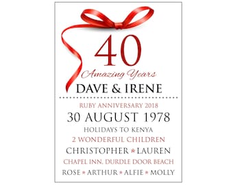 Personalised Ruby Wedding Anniversary Typography Digital File