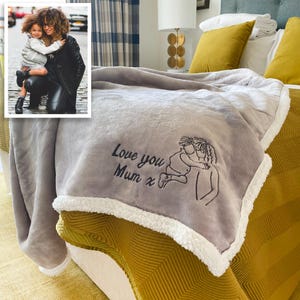 Pode incluir: Uma manta de l&atilde; cinza com uma bainha de sherpa branca. A manta tem um desenho bordado de uma m&atilde;e e uma crian&ccedil;a com o texto "Love you Mum x".