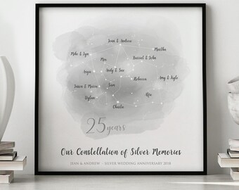 Personalised Silver Anniversary Family Constellation | 25th Wedding Anniversary | Constellation Art | Silver Anniversary Gift