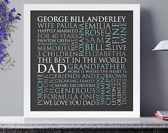 Personalised Dad's Typographic Art Print | Word Cloud | Typography | Word Art For Dad | Personalised Wall Art