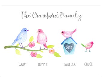 May include: A watercolour illustration of a family of birds on a branch with pink flowers. The birds are blue, pink, and light pink. The text "The Crawford Family" is at the top of the image. The birds are labelled "Daddy", "Mummy", "Isabella", and "Chloe".