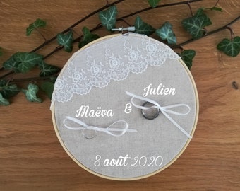 cercle à broder personnalisé de porteur des anneaux, bague porte alliances ring bearer pillow mariage, support de bague