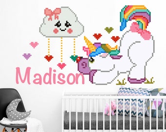 Unicorn Rainbow Name Wall Decal Girl Badroom, Rainbow and Clouds Stickers for Nursery, Custom Unicorn for Kids Playroom, Pixel Pink Unicorn