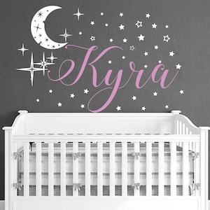 Personalize Name Sticker Baby Girl Nursery - Moon and Stars Wall Decal Kids - Custom Crib Bed Decal with Name Bedroom S111