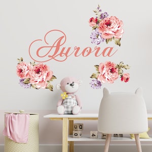 Girl Name Wall Stickers Nursery, Rose Peony Wall Decals Toddler Girl Room, Floral Wall Decal Princess Bedroom, Custom Name Flowers Sticker