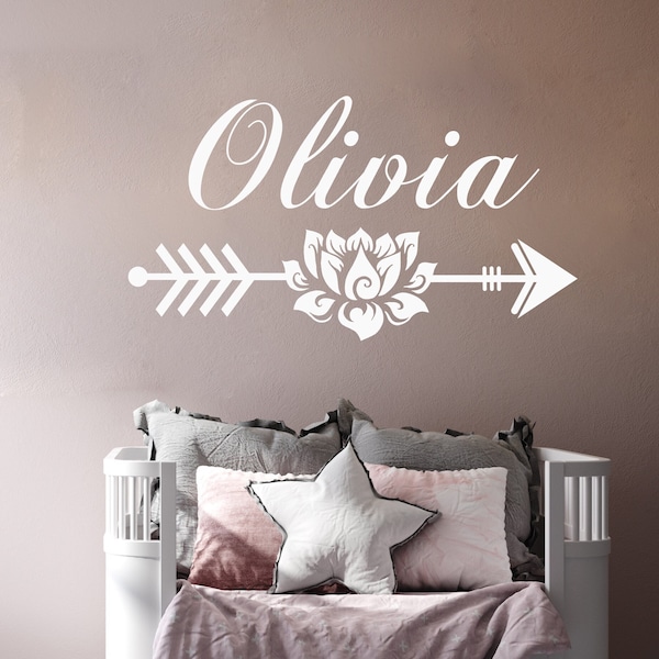 Personalized Name Wall Decal, Lotus Vinyl Decal, Name Vinyl Stickers, Arrow Tribal Wall Decal, Adventure Arrow Decor, Girl Bedroom Decal S35