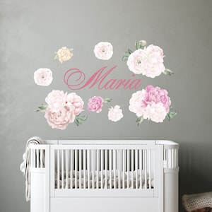 Pink White Peony Wall Decal Nursery Girl Custom Name Vinyl Sticker Watercolor Peonies Bulb Decal Toddler Room Bedroom Decor Floral  LV839