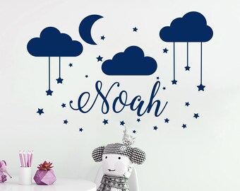 Name Wall Decal Baby Nursery Wall Decal Boy Name  For Son's Nursery Vinyl Decal Clouds Wall Decor Moon Stickers Decal Star Art Decor S79