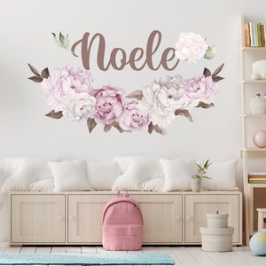 Soft Pastel Pink Peony Wall Decal in Watercolor Style Baby Girl Nursery, Custom Name Sticker Toddler Girl Bedroom, Floral Name Decor Crib