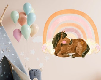 Watercolour Horse and Rainbow Wall Decal Girl Nursery, Large Horse Wall Decor, Animal Wall Stickers for Kids Playroom