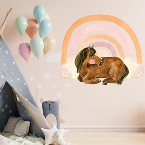 Watercolour Horse and Rainbow Wall Decal Girl Nursery, Large Horse Wall Decor, Animal Wall Stickers for Kids Playroom