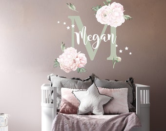 Personalize Girl Name Wall Decal Peony Flower, Soft Pastel Peony With Monogram Decor Toddler Bedroom, Floral Stickers Above Crib Bed