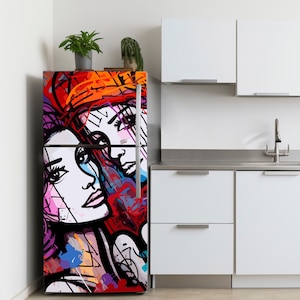 Graffiti Refrigerator Vinyl Wrap, Colorful Modern Women Mini Fridge Skin Decal, Decorative Fridge Sticker Wrap Peel & Stick,  Kitchen Decor