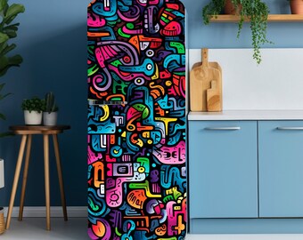 Graffiti Abstract Fridge Vinyl Wrap - Colorful Modern Refrigerator Decal - Decorative Mini Fridge Sticker Peel and Stick - Kitchen Art Decor