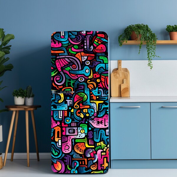 Graffiti Abstract Fridge Vinyl Wrap - Colorful Modern Refrigerator Decal - Decorative Mini Fridge Sticker Peel and Stick - Kitchen Art Decor