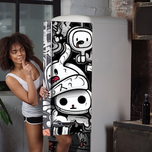 Graffiti Frigde Door Cover, Black and White Refrigerator Door Decal, Modern Kitchen Decoration, Mini Fridge Door Wraps Sticker Removable