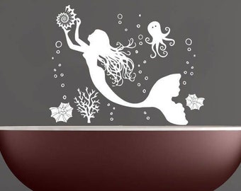 Mermaid Wall Decal, Nymph Sea Ocean Sticker, Bathroom Vinyl Decals,  Corals  Room Decor, Bathroom Wall Decoration, Mermaid Stickers Playroom