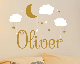 Name Wall Decal Baby Boy Nursery, Moon Clouds and Stars Sticker For Boy Playroom, Personalized Vinyl Decal Kids Playroom