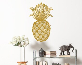 Boho Pineapple Wall Decals Living Room, Gold Pineapple Sticker Kitchen Cafe, Tropical Exotic Decor Bedroom, Fruit Decal, Custom Size S91