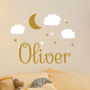 Name Wall Decal Baby Boy Nursery, Moon Clouds and Stars Sticker For Boy Playroom, Personalized Vinyl Decal Kids Playroom