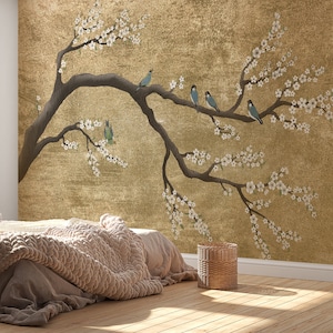 Gold Chinoiserie Wallpaper Peel and Stick, Sakura Blossom Wallpaper Mural,  Custom Printed Japanese Wallpaper Panel, Bird Wallpaper Accent