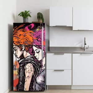Lovers Fridge Wrap Vinyl, Graffiti Style Love Refrigerator Door Cover Decal, Moody Mini Fridge Door Film Sticker, Kitchen Decor Removable