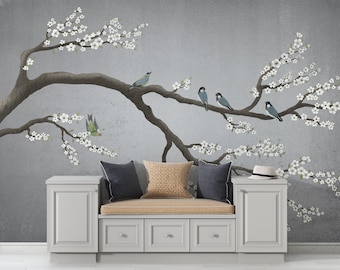 Sakura Branch Wallpaper, Birds Wall Mural Peel and Stick, Grey Chinoiserie Wallpaper Removable, Large Asian Nature Wall Print Decoration