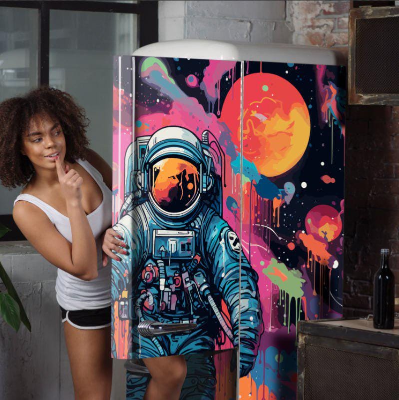 Vinile colorato per frigorifero spaziale - Adesivo per frigorifero rimovibile con astronauta - Decorazione per cucina Adesivo per porta mini frigorife