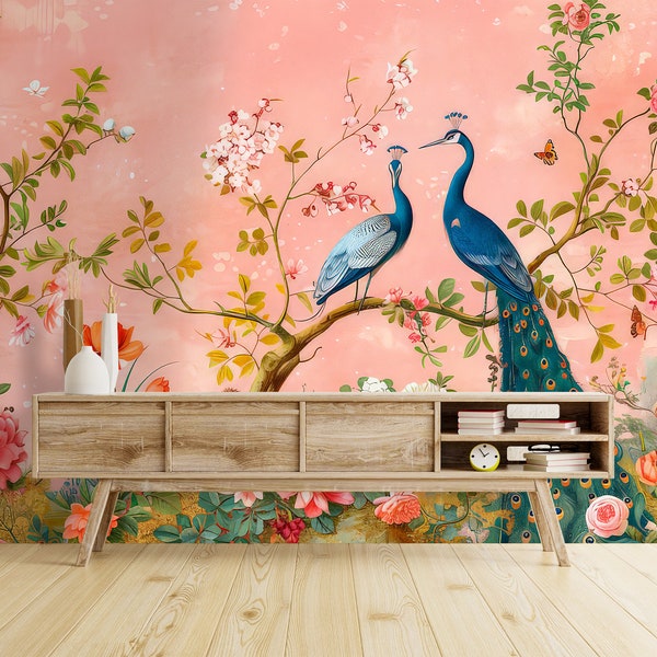 Peacock Wallpaper Chinoiserie, Pink Chinoiserie Wallpaper Mural, Floral Blossom Wallpaper, Removable Wallpaper Panel Peel and Stick