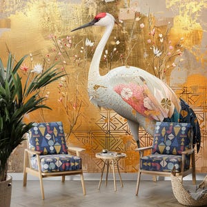 Gold Chinoiserie Wallpaper Peel and Stick, Large Crane Wallpaper Mural, Mid Century Wallpaper Bird Self Adhesive Japanese Wallpaper Panel