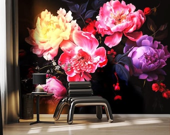 Peony Wallpaper Peel and Stick, Dark Floral Wallpaper Mural, Large Pink Purple Flowers Wall Print Decor, Jumbo Wallpaper Removable