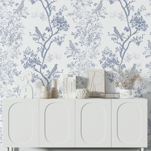Blau, Weiß Chinoiserie Tapete Ablösbar, Vögel Botanische Muster Tapete Schälen und Aufkleben, Mid Century, Baum Asiatisch, Chinesische Tapete