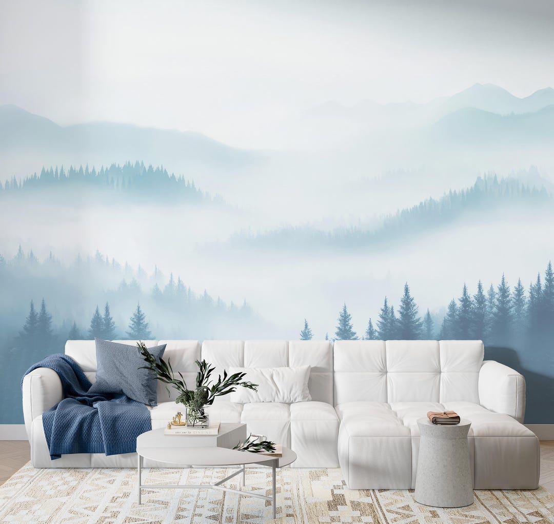 Blue Mountain Wallpaper Mural Peel and Stick, Foggy Forest Wallpaper ...
